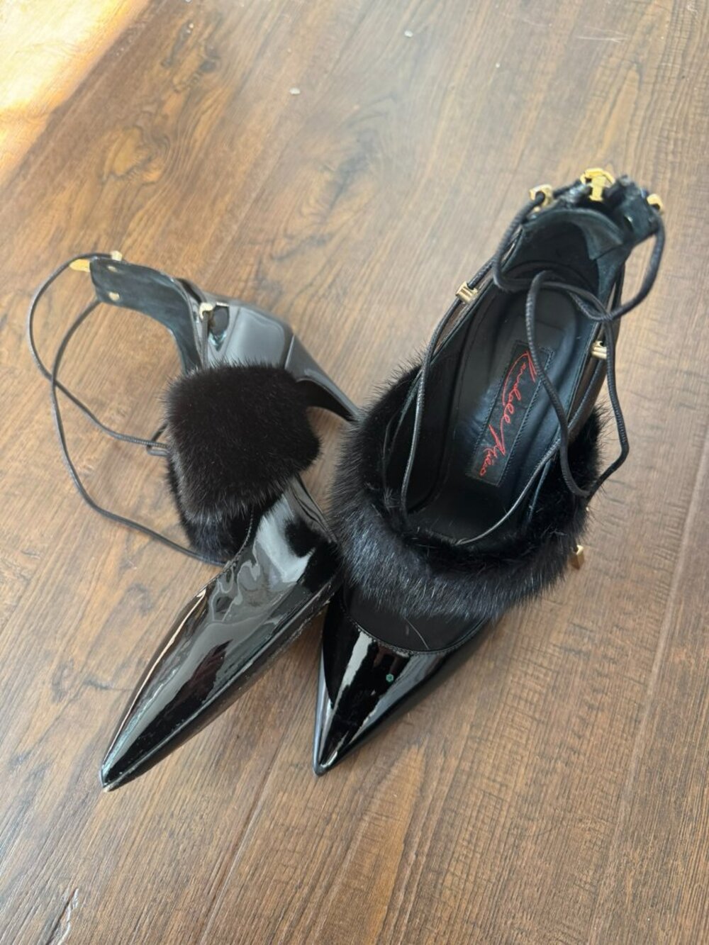 Free Lance Black Patent Fur Trim Lace-Up Stiletto Heels